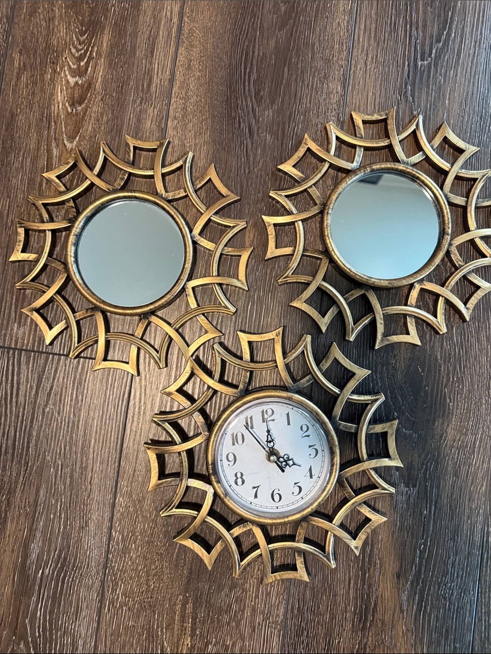 Gold Sunburst Wall Clock and Mirror Set - Decorative Home Wall Decor